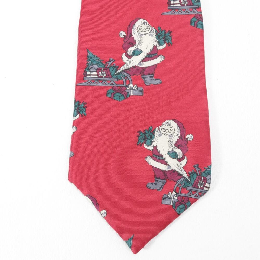 Vintage Resilio Santa Claus Tie Mens 58 in Red Silk Xmas Sleigh Presents Holiday